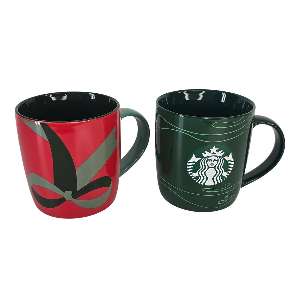 Starbucks‎ Holiday Mug Set 2020 Red Ribbon Bow Green Siren Logo Coffee Cups 2pc